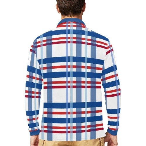 Red, White and Blue Plaid Men's Long Sleeve Polo Shirt (Model T73)