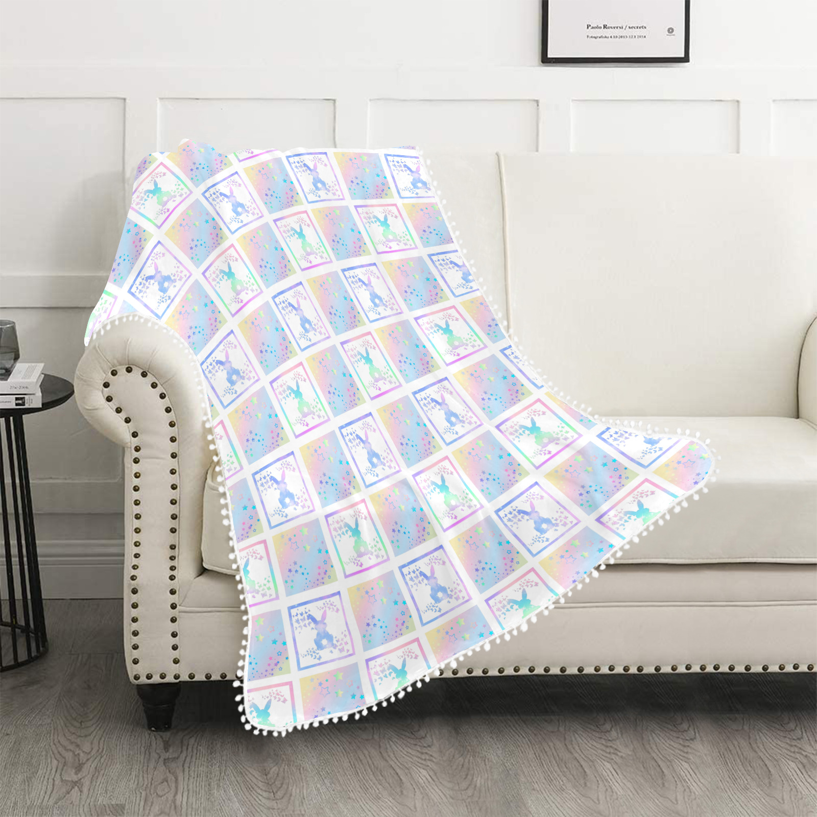 Bunny Magic Square Patch Artwork Design Pom Pom Fringe Blanket 40"x50"