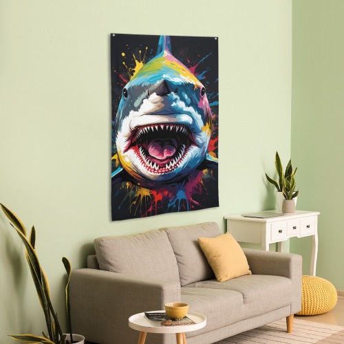 Cool shark with open mouth. Colorful fantasy art House Flag 34.5"x56"