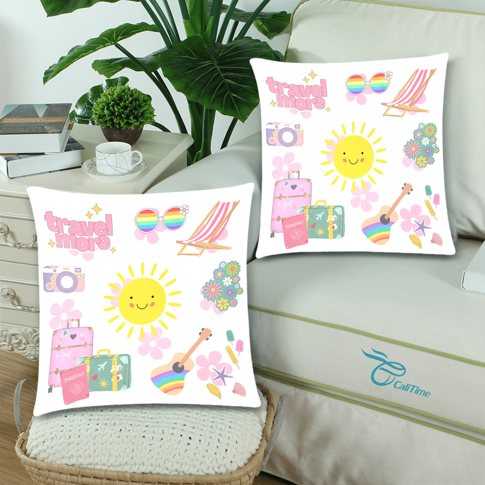 Travel More Hippie Summer Holiday Vacation Design Custom Zippered Pillow Cases 18"x 18" (Twin Sides) (Set of 2)