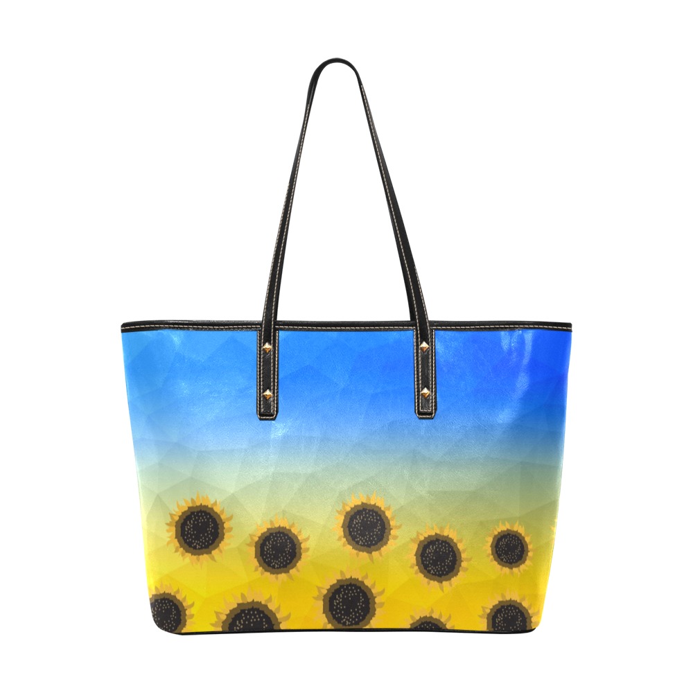Ukraine yellow blue geometric mesh pattern Sunflowers Chic Leather Tote Bag (Model 1709)
