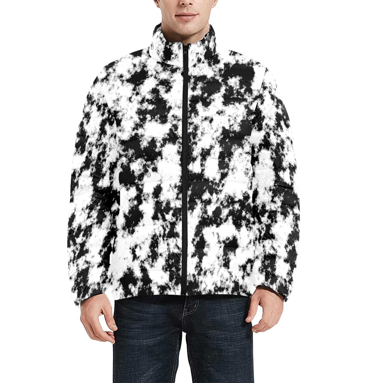 Abstract Scattered Grunge Dye Black White Men's Stand Collar Padded Jacket (Model H41)