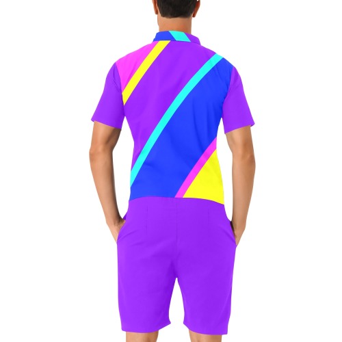 Bright Neon Colors Diagonal Purple Men's Short Sleeve Jumpsuit