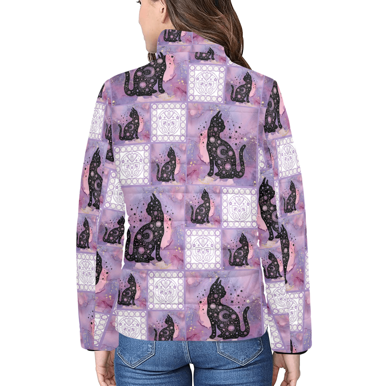 Purple Cosmic Cats Patchwork Pattern Women's Stand Collar Padded Jacket (Model H41)