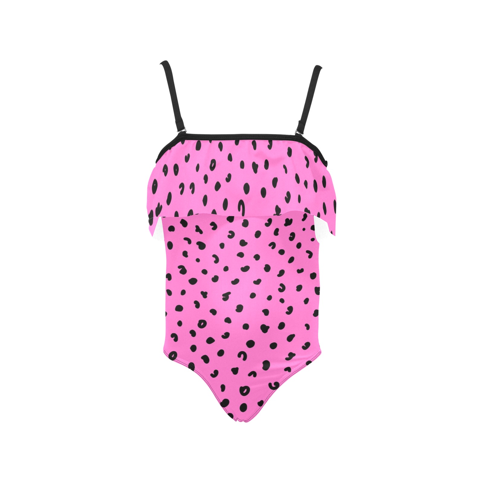 Pink and Black Kids' Spaghetti Strap Ruffle Swimsuit (Model S26)