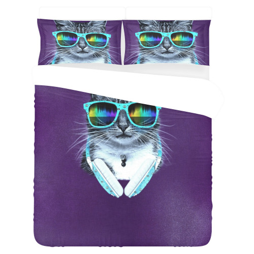 Stylish Cute Cool Cat with glasses and headphones 3-Piece Bedding Set