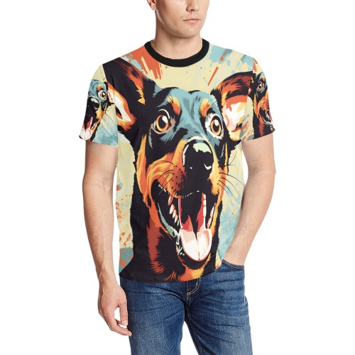 Doberman Pinscher Pop Art Men's All Over Print T-Shirt (Solid Color Neck) (Model T63)