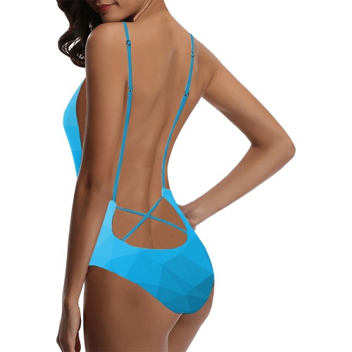 Cyan gradient geometric mesh pattern Sexy Lacing Backless One-Piece Swimsuit (Model S10)