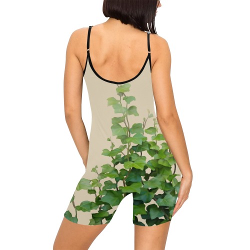 Vines, climbing plant watercolor on beige Women's Short Yoga Bodysuit