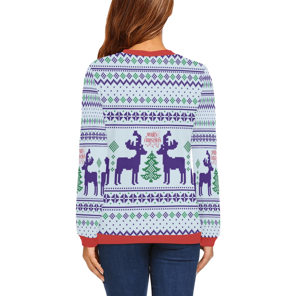 Merry Christmas Navy Blue Reindeer Ugly Sweater All Over Print Crewneck Sweatshirt for Women (Model H18)