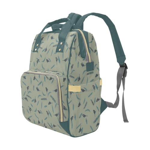 Primitive Birds Leaves Dusty Green Multi-Function Diaper Backpack/Diaper Bag (Model 1688)