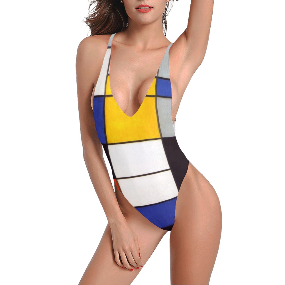 Composition A by Piet Mondrian Sexy Low Back One-Piece Swimsuit (Model S09)