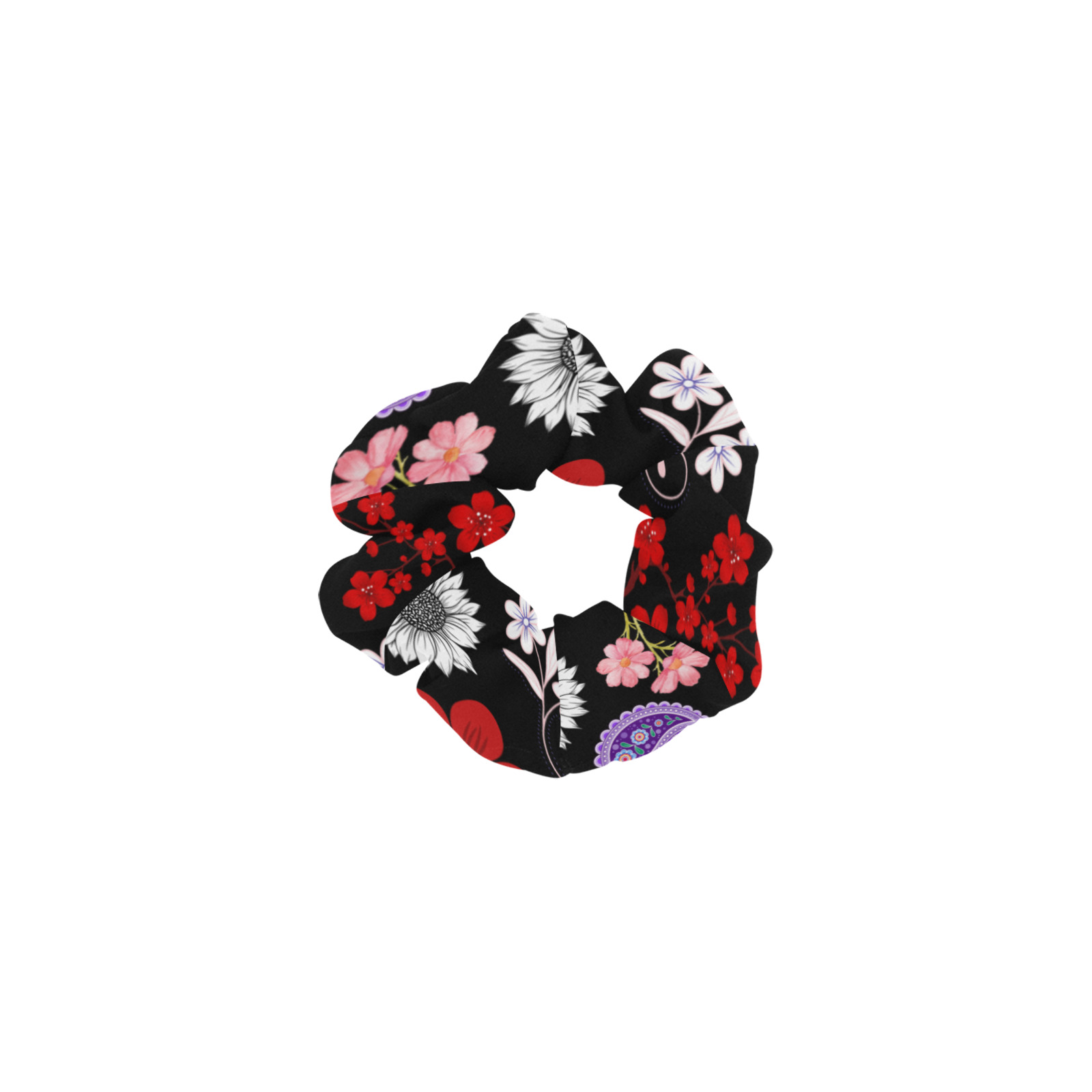 Black, Red, Pink, Purple, Dragonflies, Butterfly and Flowers Design All Over Print Hair Scrunchie