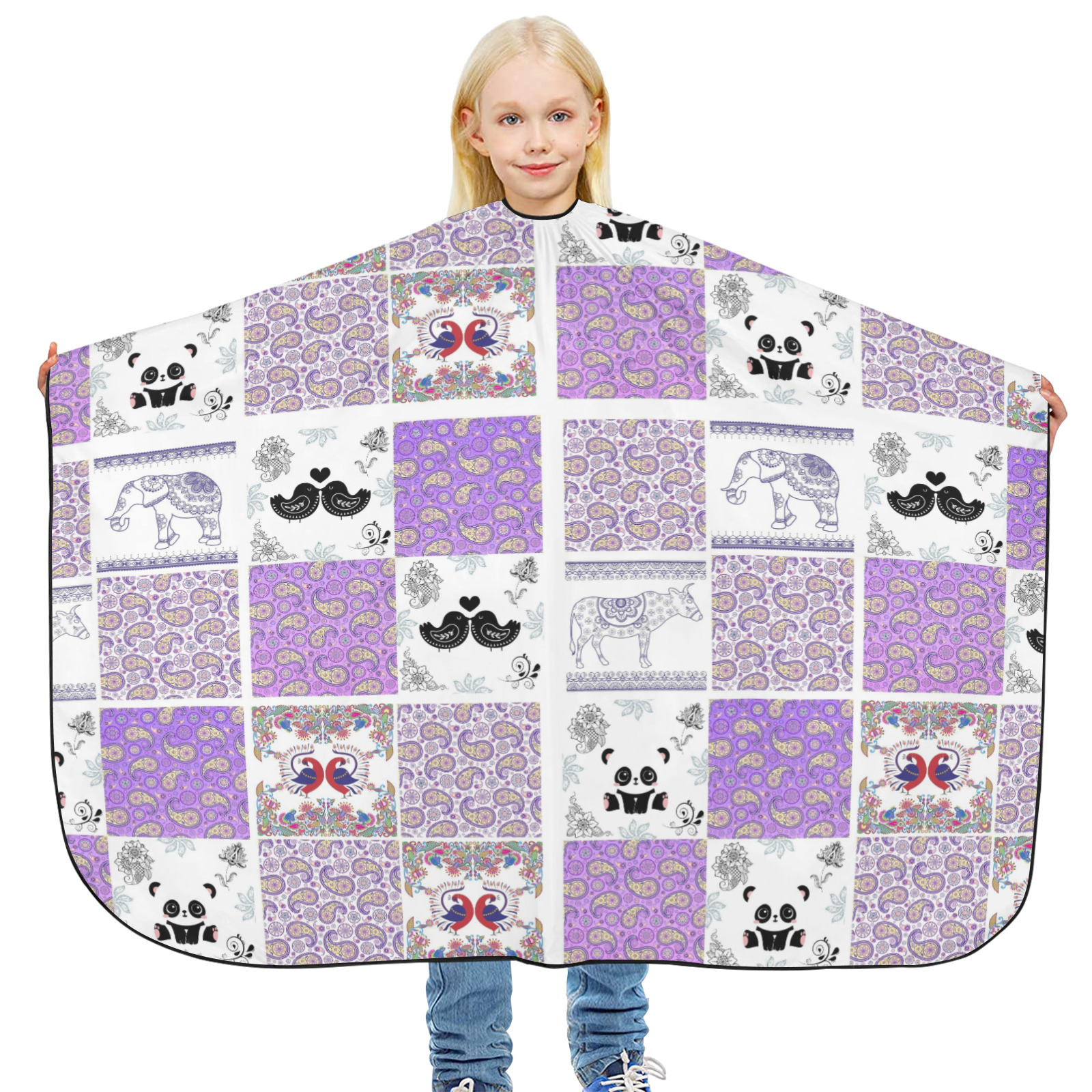 Purple Paisley Birds and Animals Patchwork Design Hair Cutting Cape for Kids