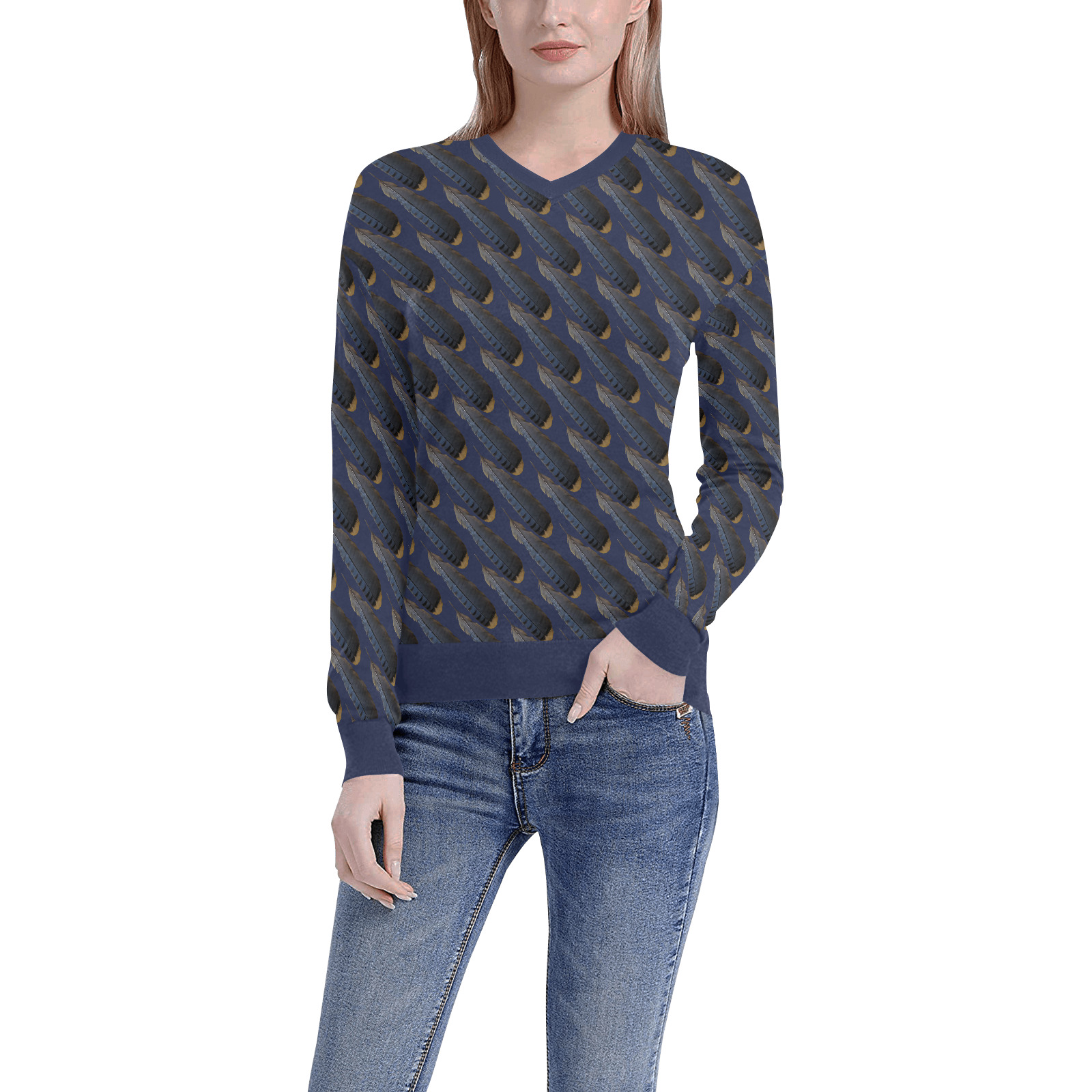 Blue Feathers Women's All Over Print V-Neck Sweater (Model H48)