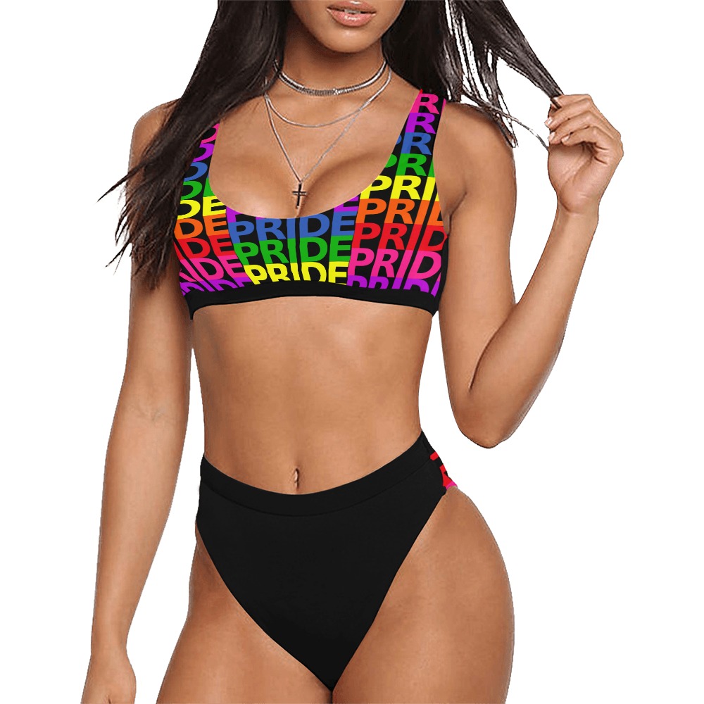 PRIDE Word Rainbow Flag Colorful Pattern Sport Top & High-Waisted Bikini Swimsuit (Model S07)