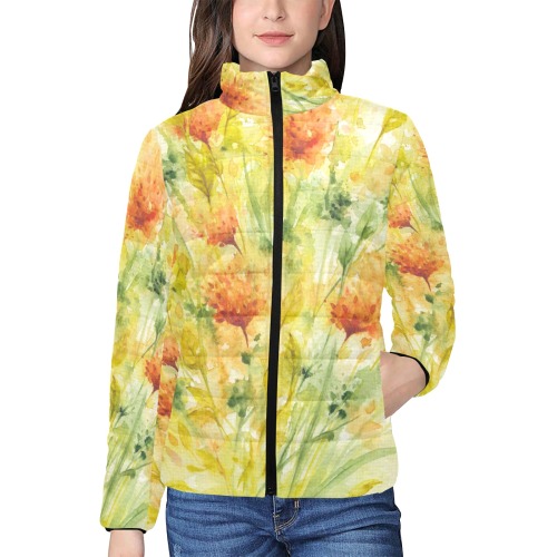 Wild Flowers Orange and Green Watercolor Women's Stand Collar Padded Jacket (Model H41)