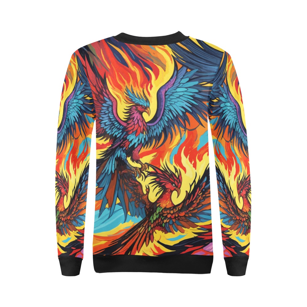 Three fairy phoenix birds, fire. Colorful art. All Over Print Crewneck Sweatshirt for Women (Model H18)