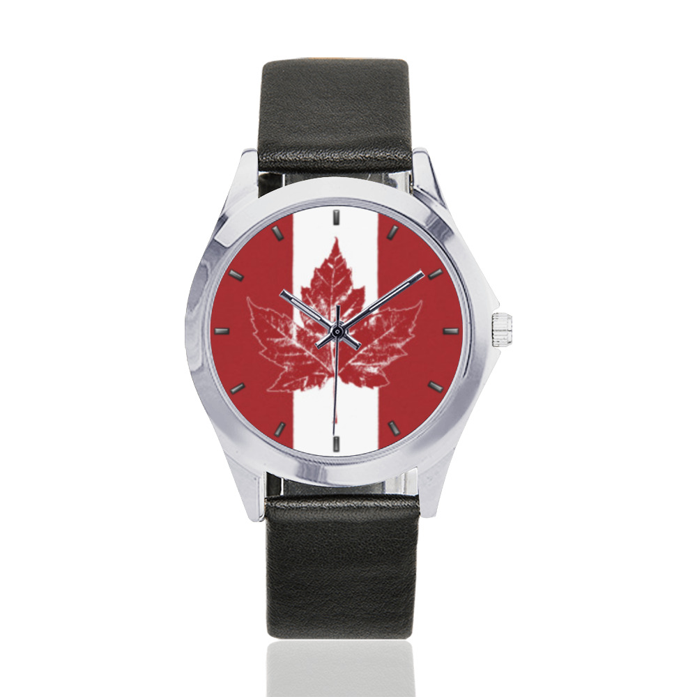 Cool Canada Flag Wristwatches Unisex Silver-Tone Round Leather Watch (Model 216)