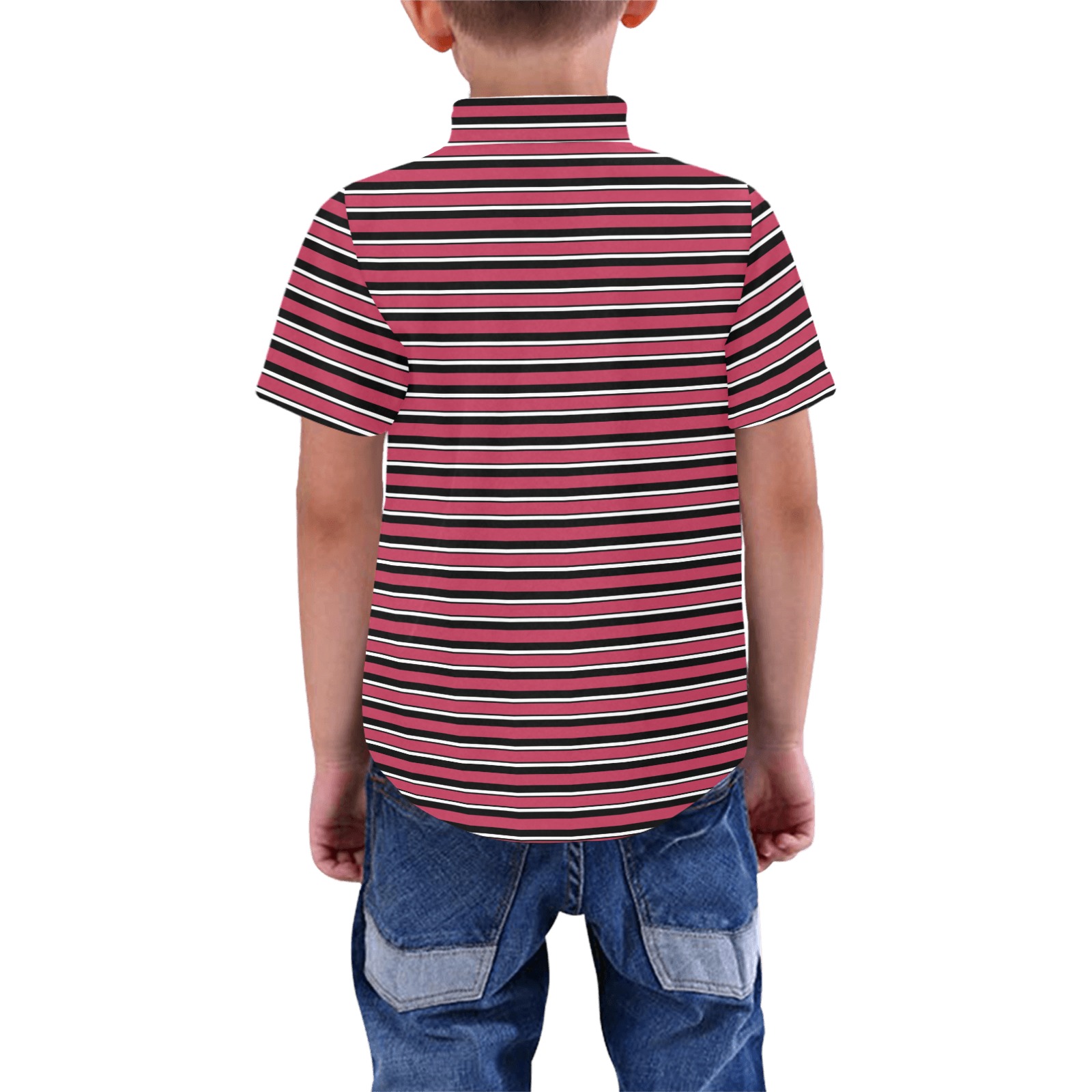 Magenta, Black and White Stripes Boys' All Over Print Short Sleeve Shirt (Model T59)