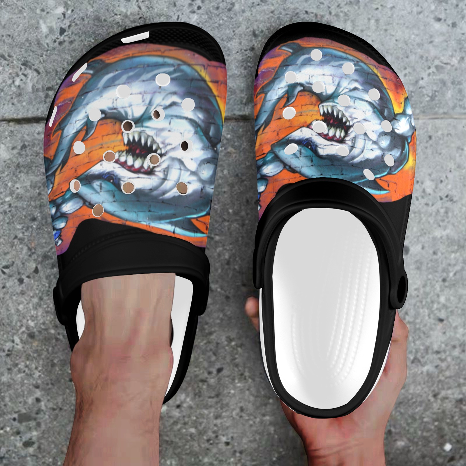 Graffiti Shark - Black Custom Print Foam Clogs for Adults