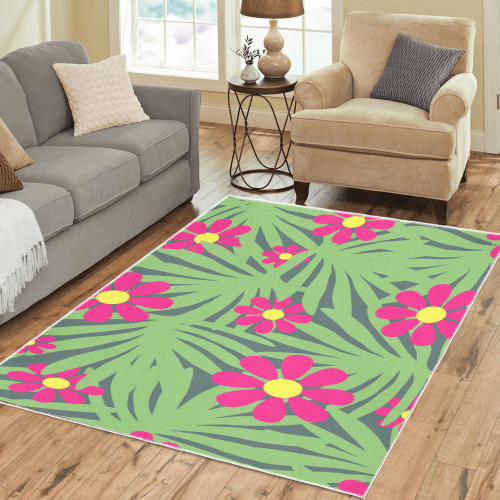 Pink Exotic Paradise Jungle Flowers and Leaves Area Rug7'x5'
