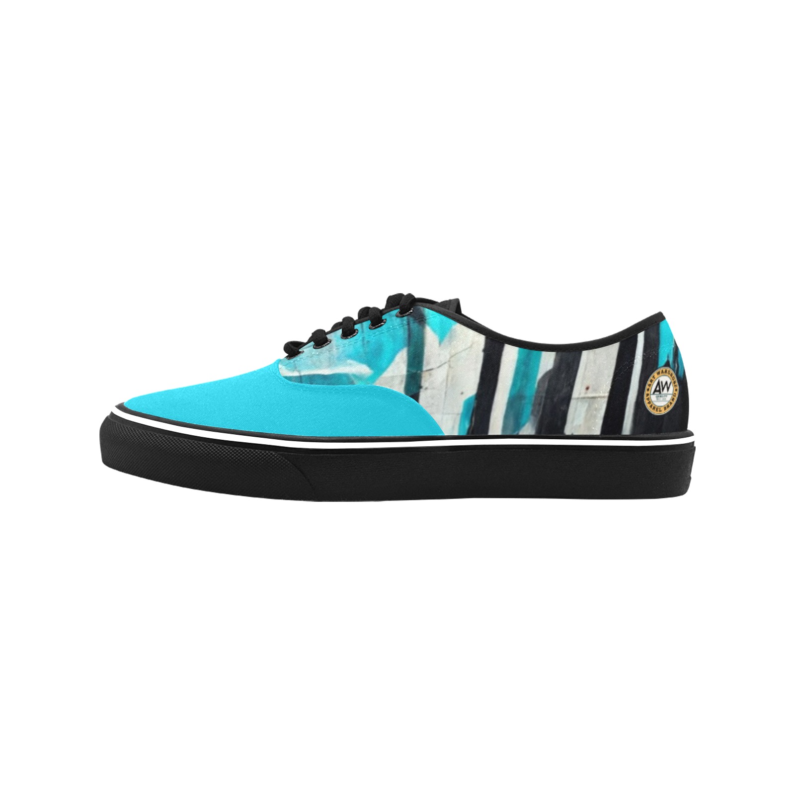 graffiti building's turquoise and black Classic Men's Canvas Low Top Shoes (Model E001-4)