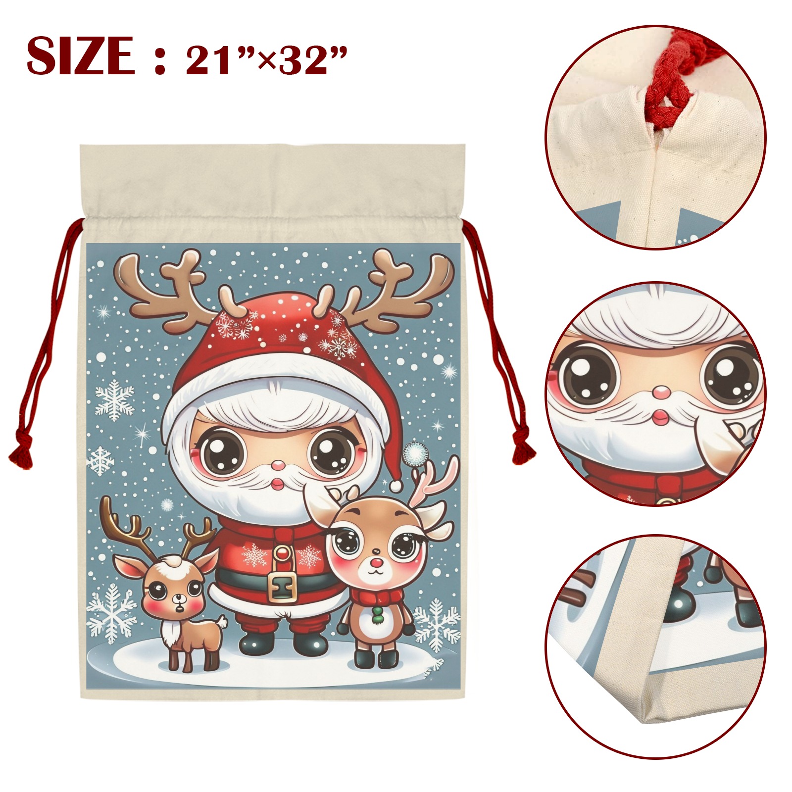 Santa and Reindeer 2 3 Pack Santa Claus Drawstring Bags (Two Sides Printing)