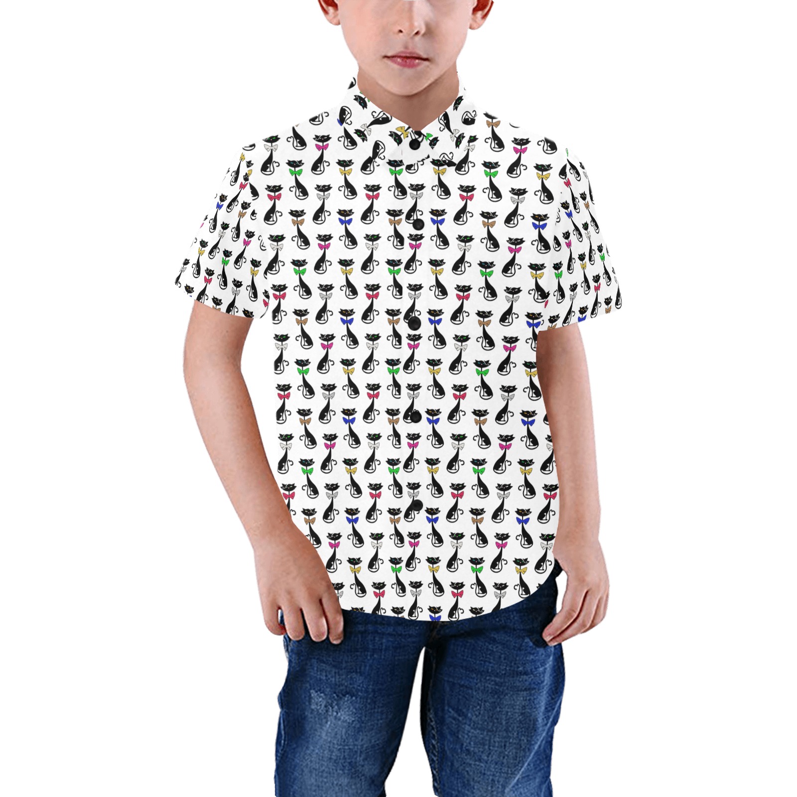Black Cats Wearing Bow Ties Boys' All Over Print Short Sleeve Shirt (Model T59)