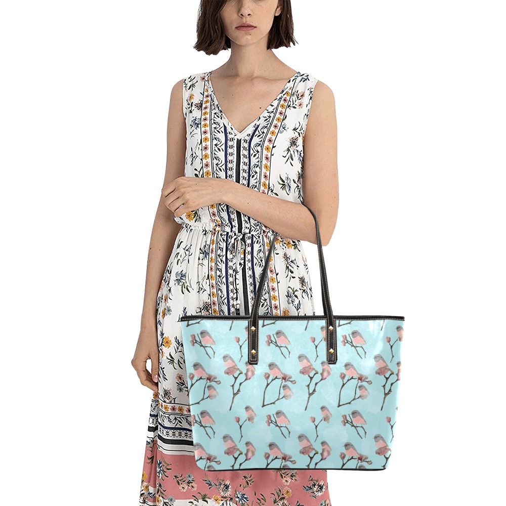 cherry blossom birds Chic Leather Tote Bag (Model 1709)