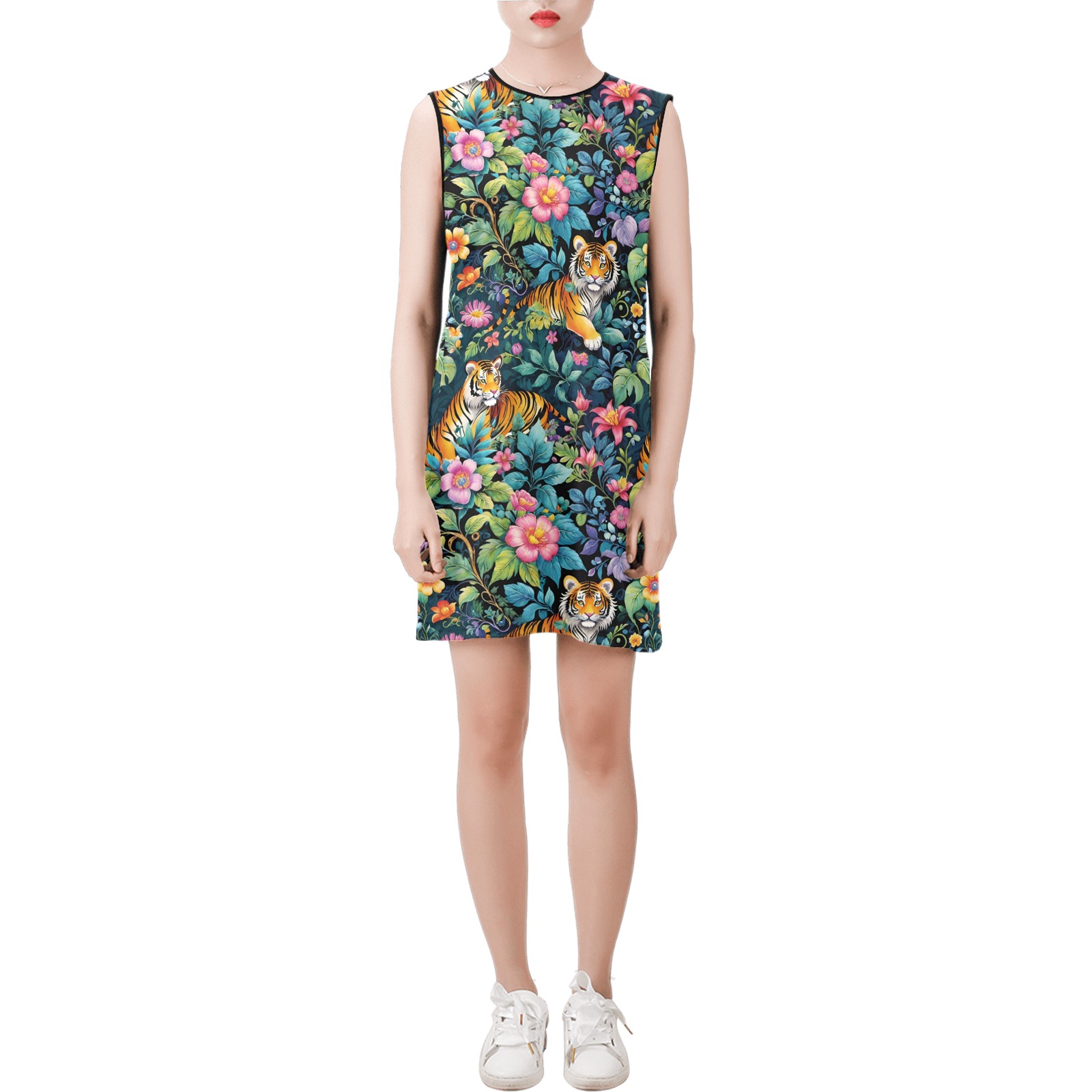 Jungle Tigers and Tropical Flowers Pattern Sleeveless Round Neck Shift Dress (Model D51)