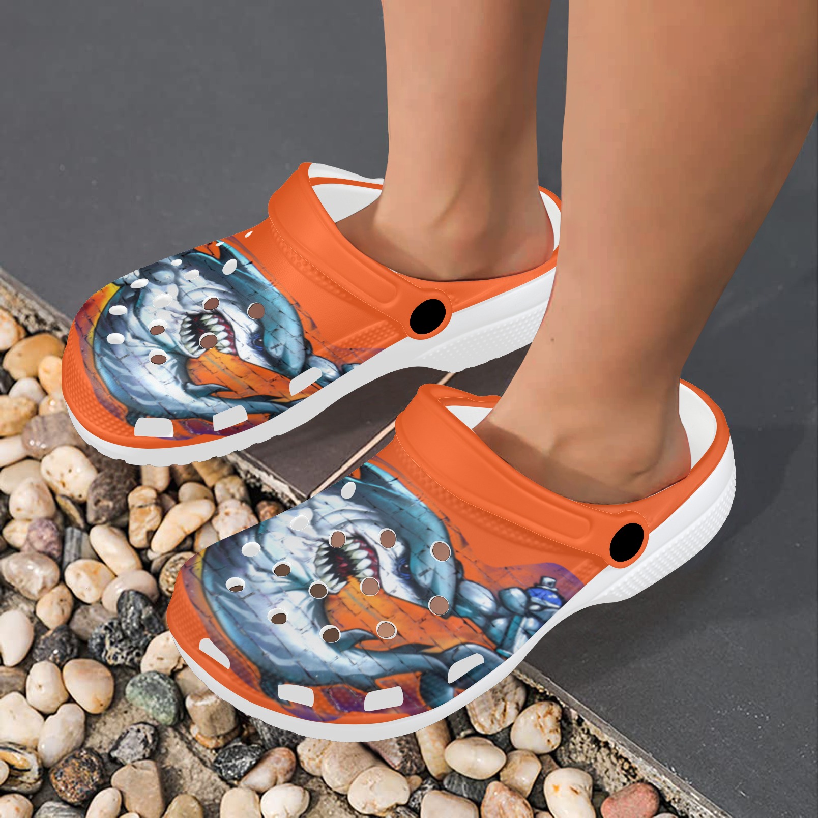 Graffiti Shark - Orange Custom Print Foam Clogs for Adults