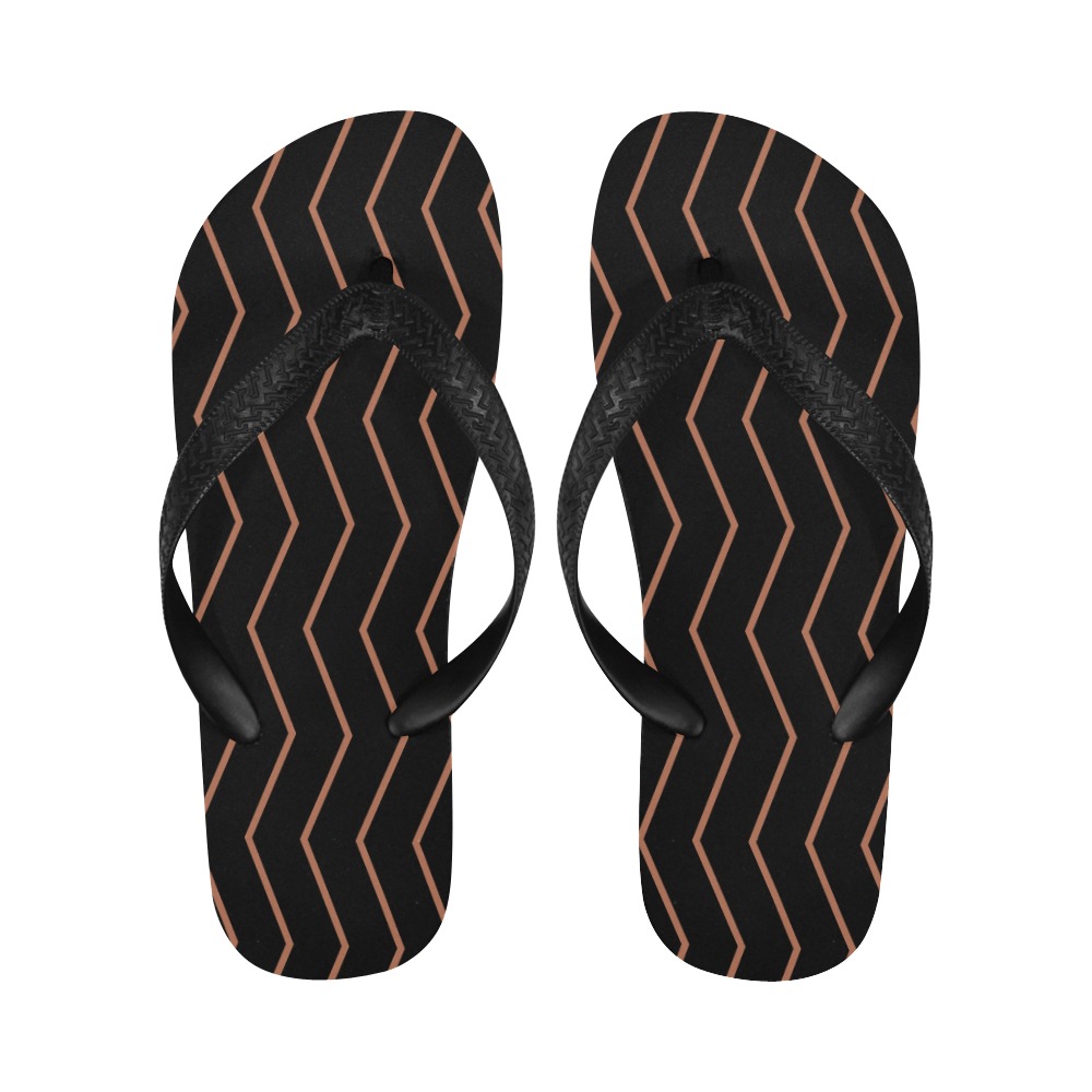 Black tan brown chevron vertical lines pattern Flip Flops for Men/Women (Model 040)