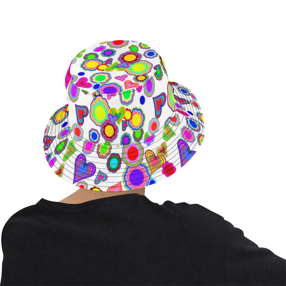 Groovy Hearts and Flowers White All Over Print Bucket Hat for Men