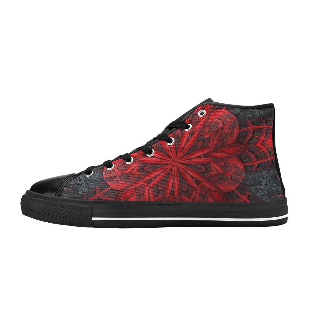 Red Flower on the Black Lava Fractal Kaleidoscope Mandala Abstract Women's Classic High Top Canvas Shoes (Model 017)