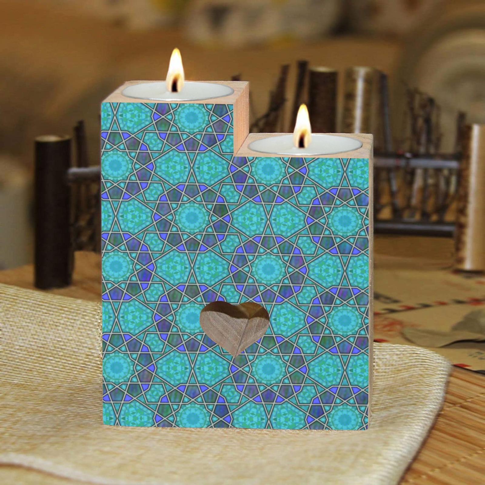 Purple on Aqua Circles Pattern Wooden Candle Holder (Without Candle)