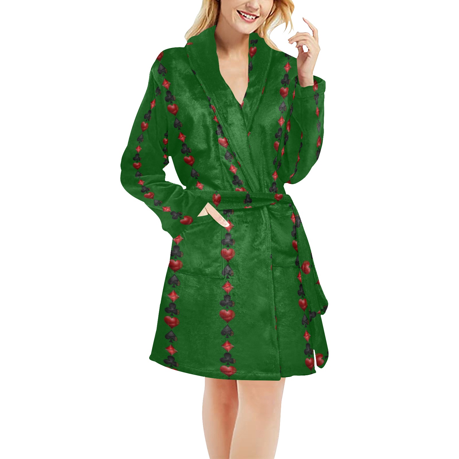 Black Red Playing Card Shapes - Green Women's All Over Print Night Robe