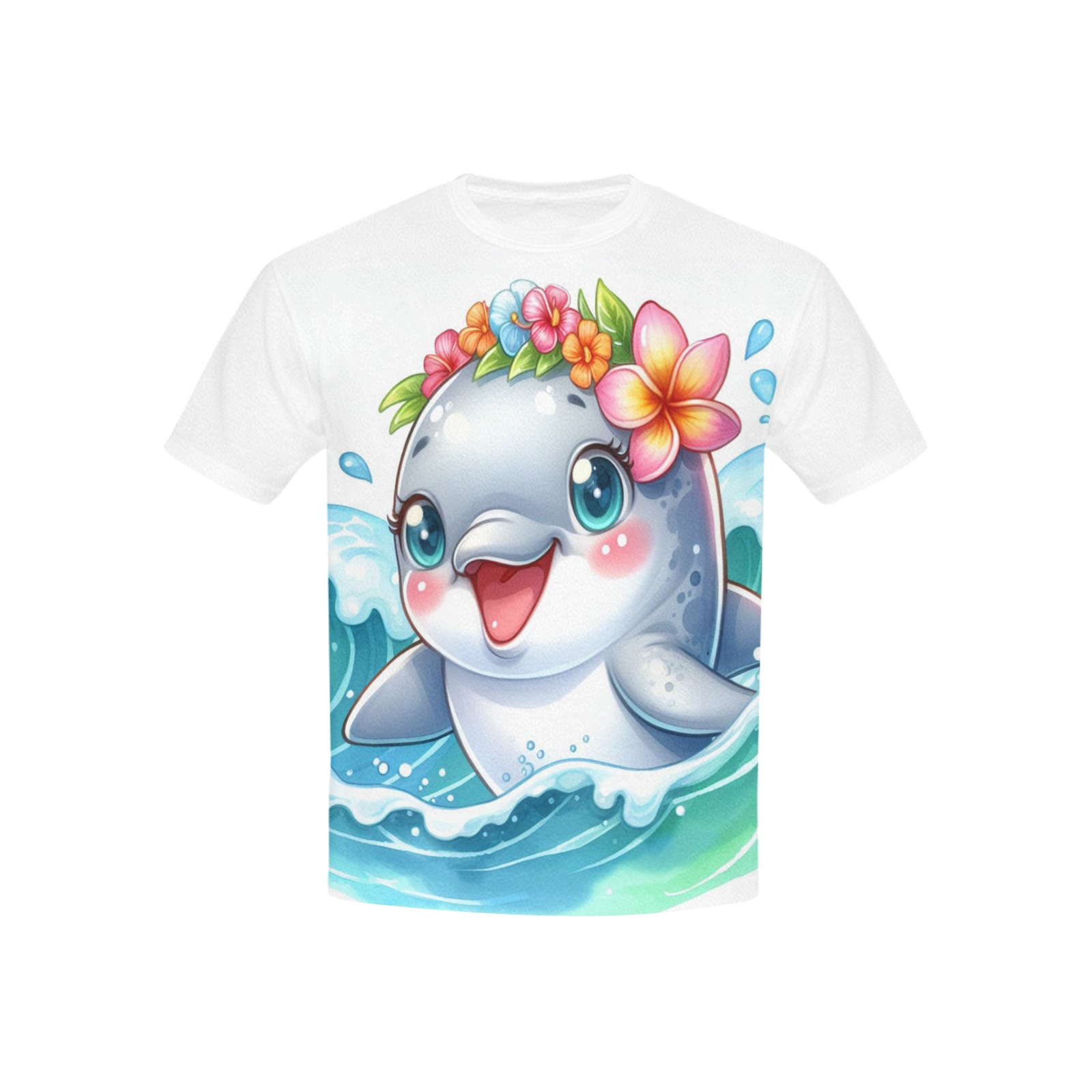 Watercolor Dolphin 1 Kids' Mesh Cloth T-Shirt with Solid Color Neck (Model T40)