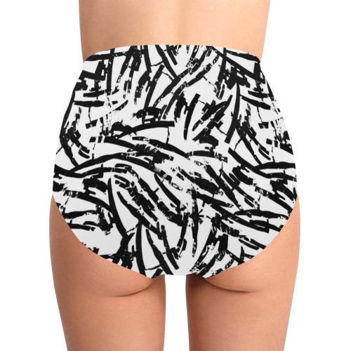 Brush Stroke Black and White High-Waisted Bikini Bottom (Model S34)