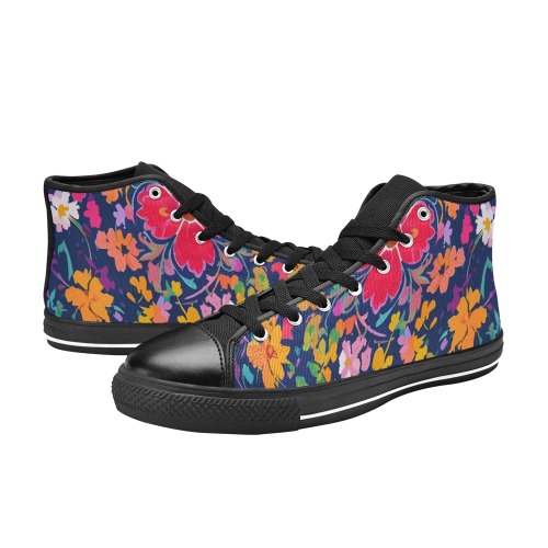 Chraming pattern of colorful flowers on navy blue. Women's Classic High Top Canvas Shoes (Model 017)
