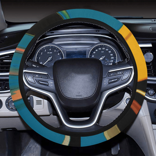 Black Turquoise And Orange Go! Abstract Art Steering Wheel Cover with Elastic Edge