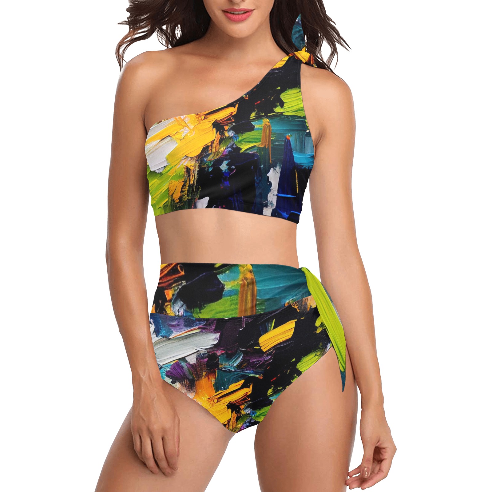 Gouache-paint-strokes-bright High Waisted One Shoulder Bikini Set (Model S16)