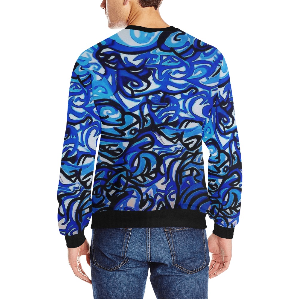 Blue Abstract Graffiti Men's Rib Cuff Crew Neck Sweatshirt (Model H34)
