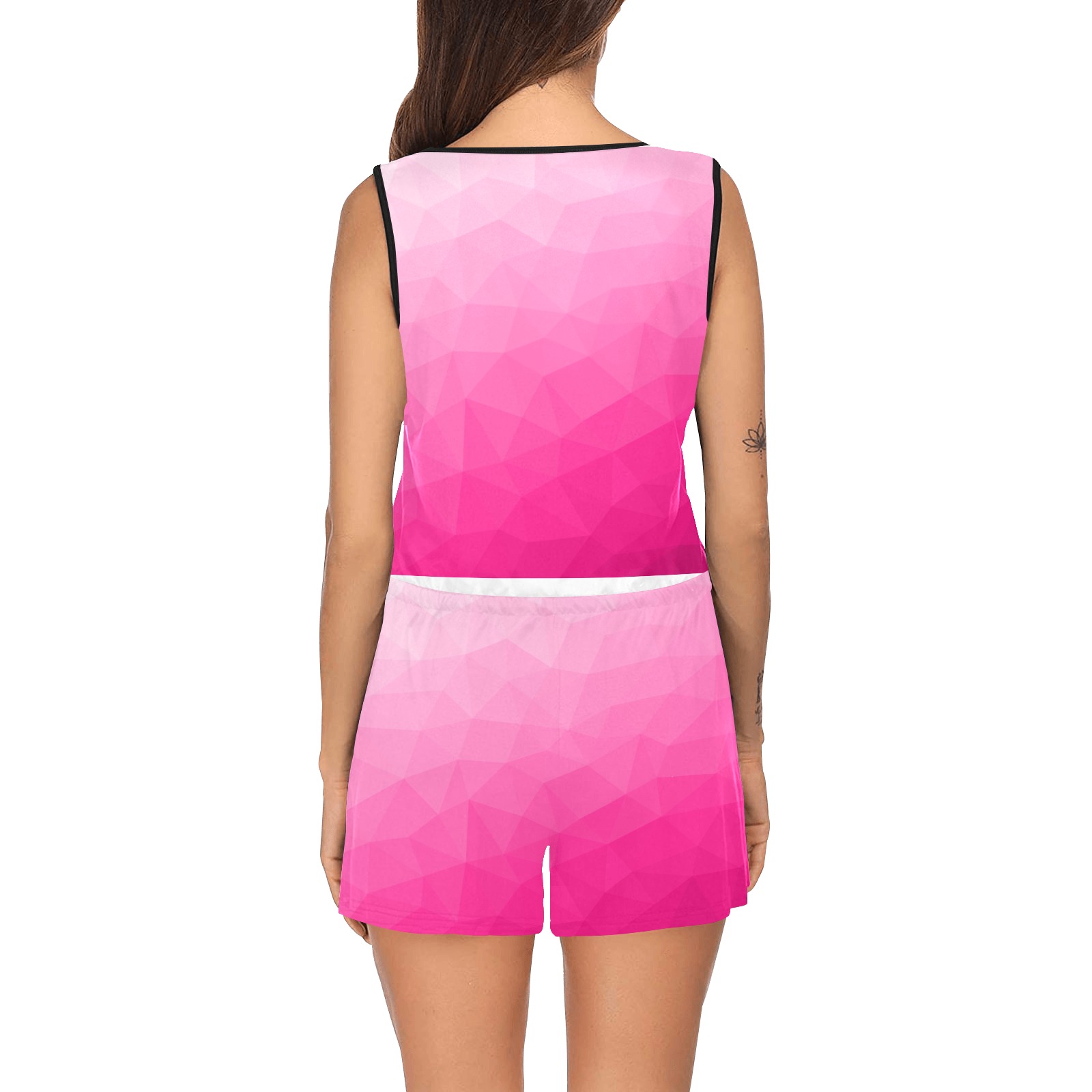 Hot pink gradient geometric mesh pattern All Over Print Short Jumpsuit