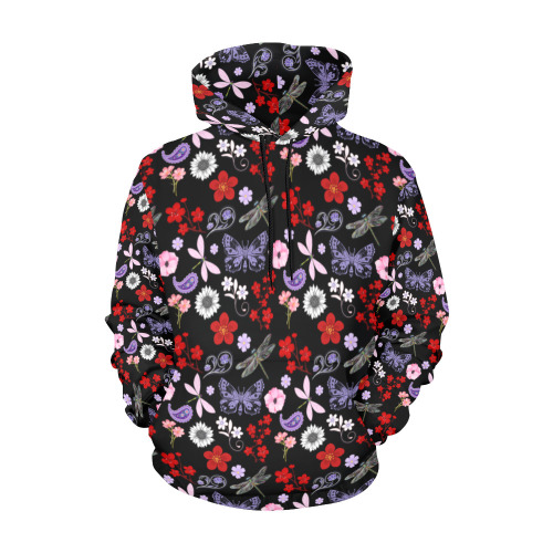 Black, Red, Pink, Purple, Dragonflies, Butterfly and Flowers Design All Over Print Hoodie for Women (USA Size) (Model H13)