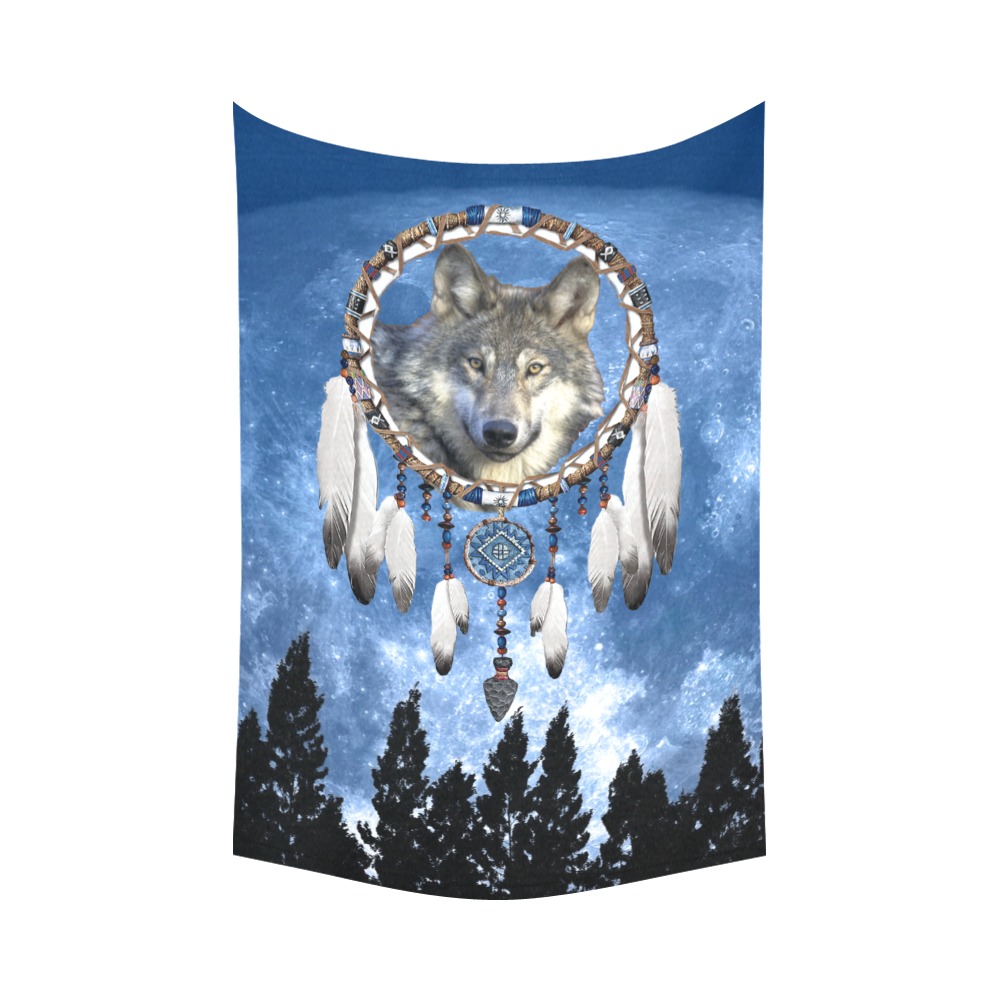 Wolf, Dream Catcher and Moon Cotton Linen Wall Tapestry 60"x 90"