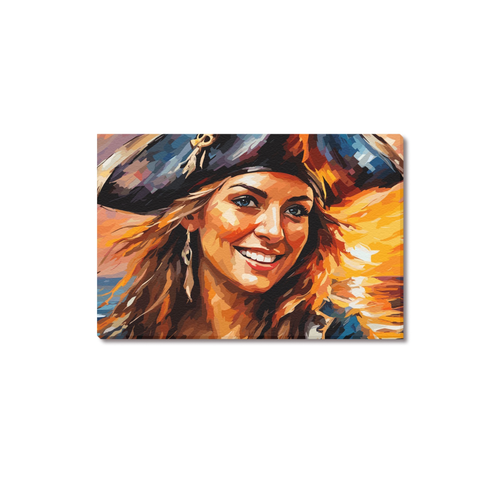 Striking smiling pirate lady at colorful sunset. Upgraded Canvas Print 18"x12"