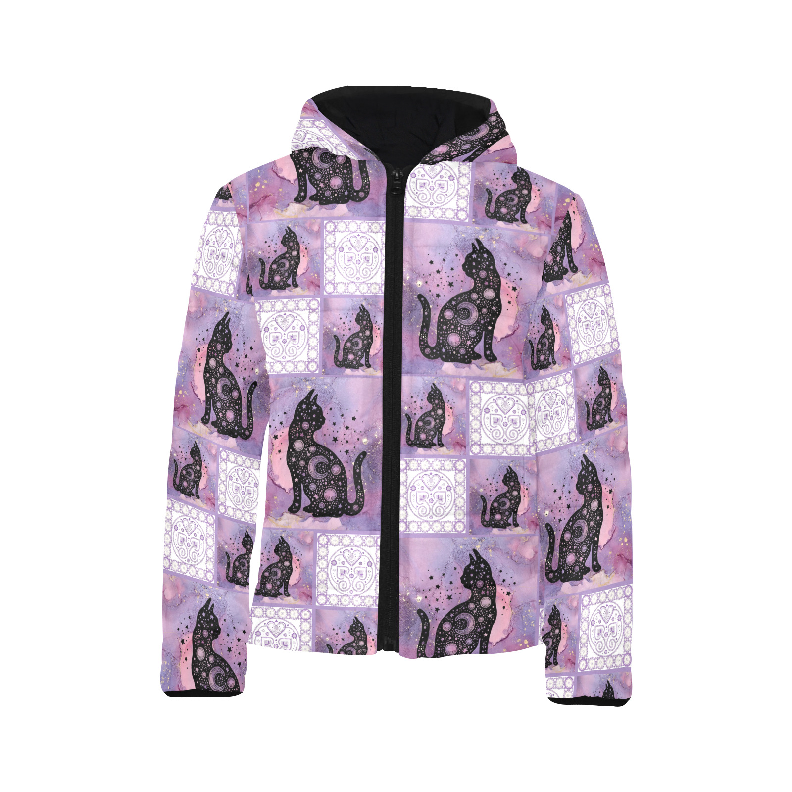 Purple Cosmic Cats Patchwork Pattern Kids' Padded Hooded Jacket (Model H45)