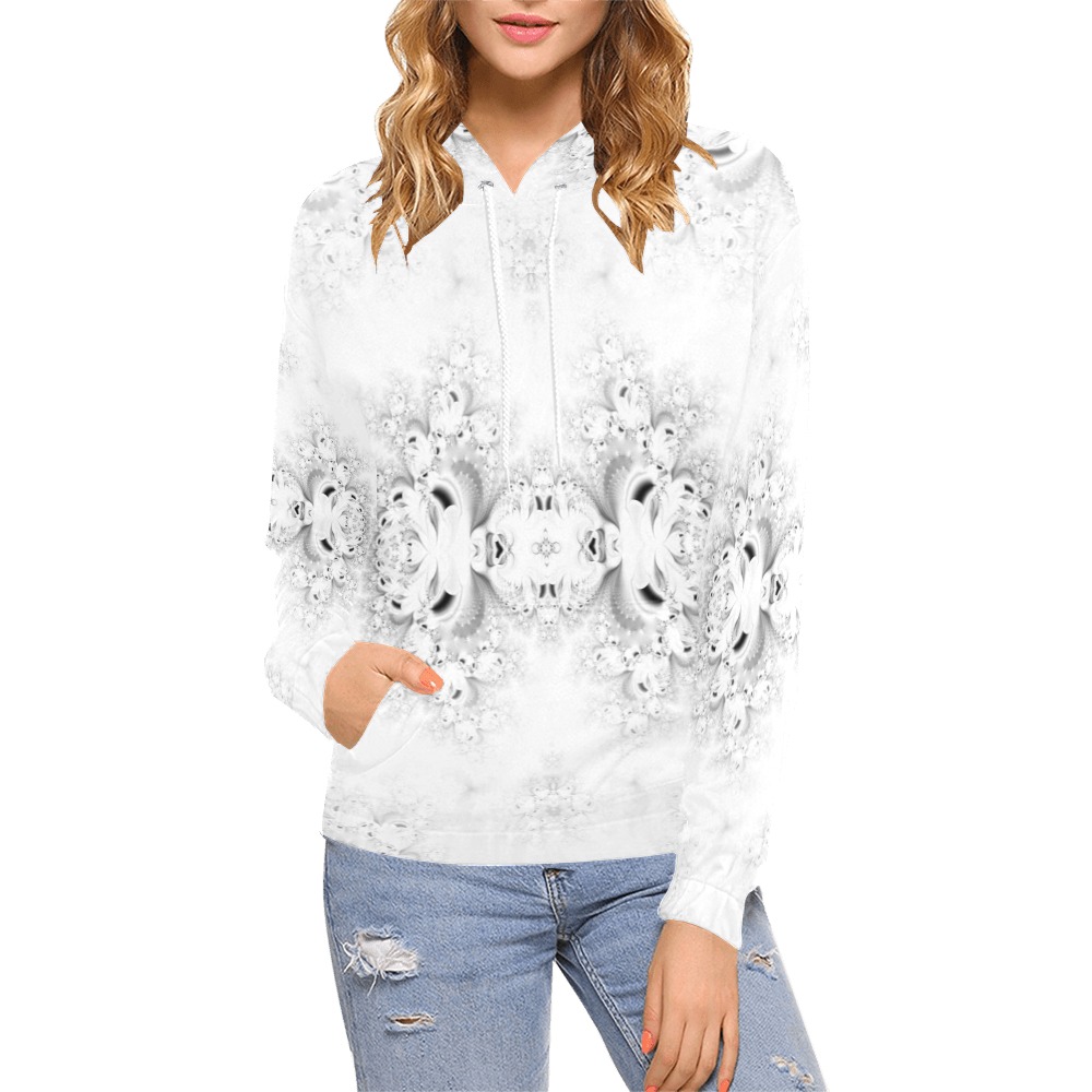 Snowy Winter White Frost Fractal All Over Print Hoodie for Women (USA Size) (Model H13)