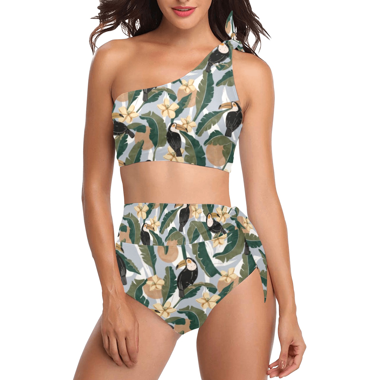 Tucans banana leaf-007 High Waisted One Shoulder Bikini Set (Model S16)